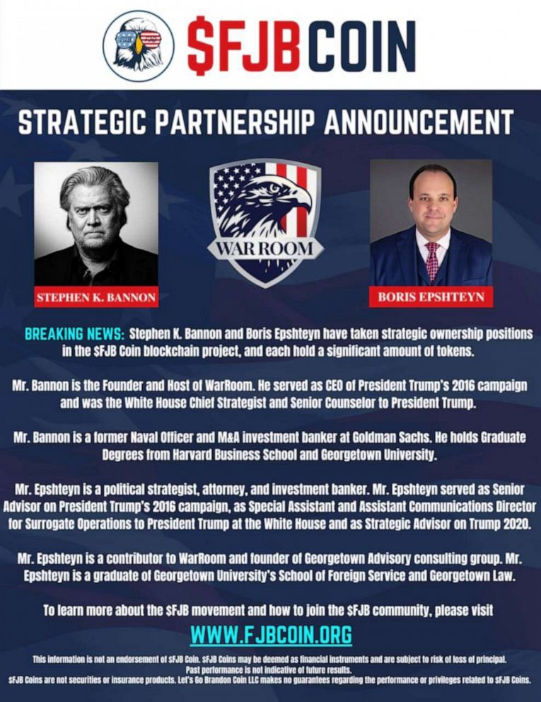 PHOTO: An announcement of the acquisition of the $FJB project by Steve Bannon and Boris Epshteyn is seen on the official $FJB website in a screengrab from February 2023.