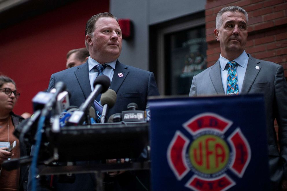 New York City Fire Department (FDNY) Uniformed Firefighters Association President Andrew Ansbro and FDNY-Uniformed Fire Officers Association President James McCarthy speak to the press as the COVID-19 vaccine mandate deadline in Manhattan, Oct. 29, 2021.