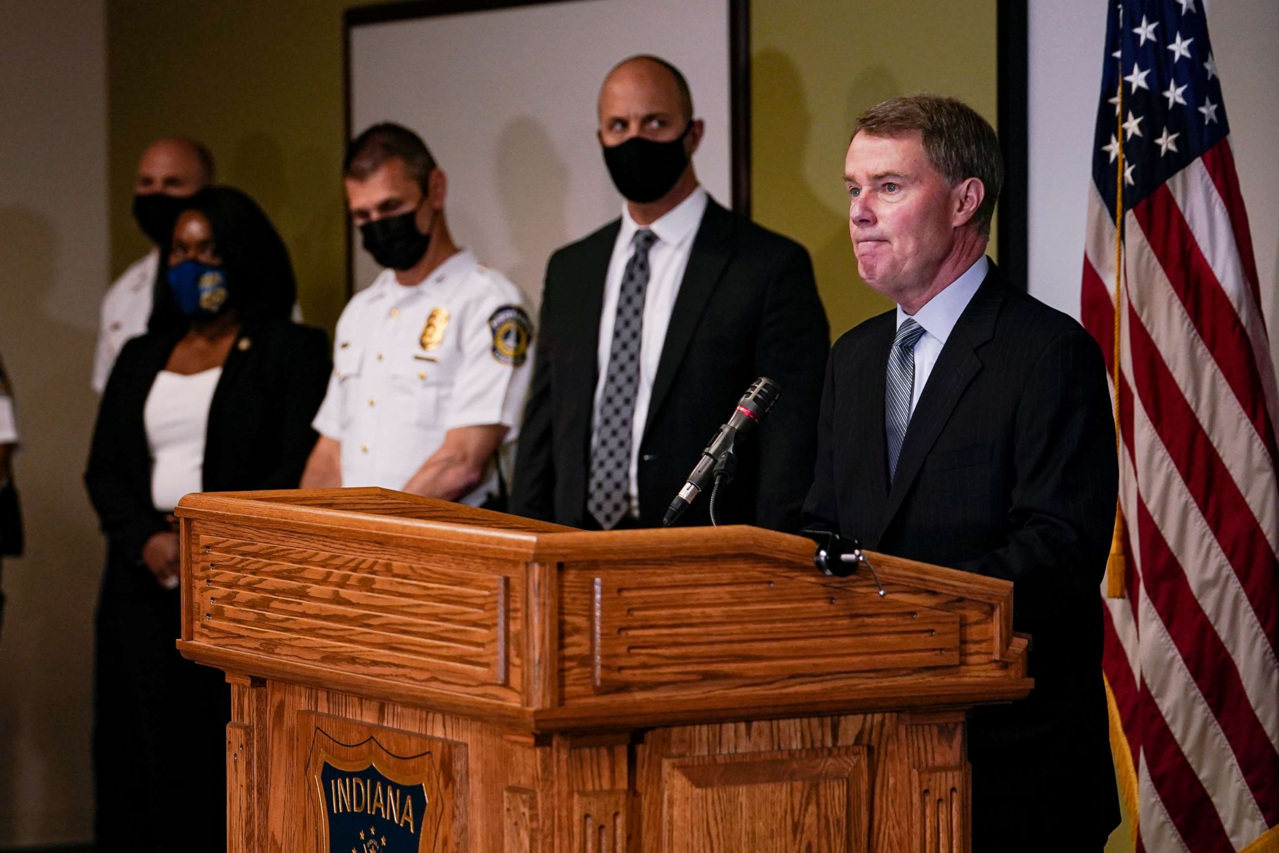 PHOTO: Indianapolis Mayor Joe Hogsett speaks at a news conference following a shooting at a FedEx facility in Indianapolis, April 16, 2021.