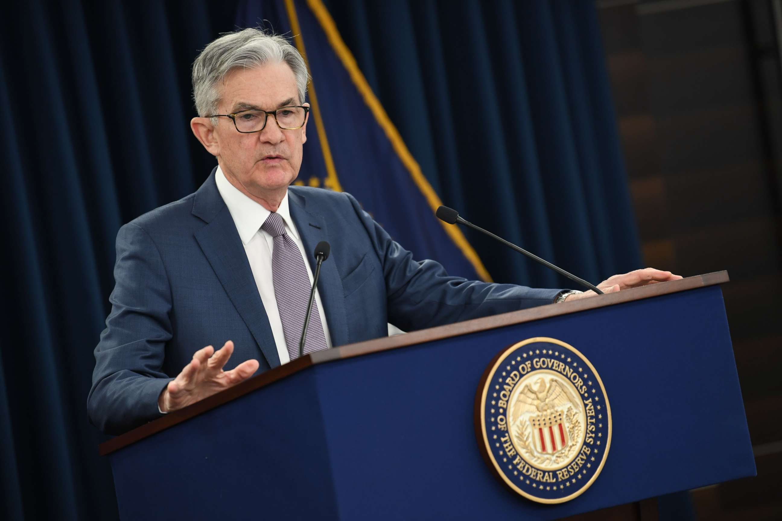 PHOTO: Federal reserve Chairman Jerome Powell gives a press briefing after the surprise announcement the FED will cut interest rates in Washington, March 03, 2020.