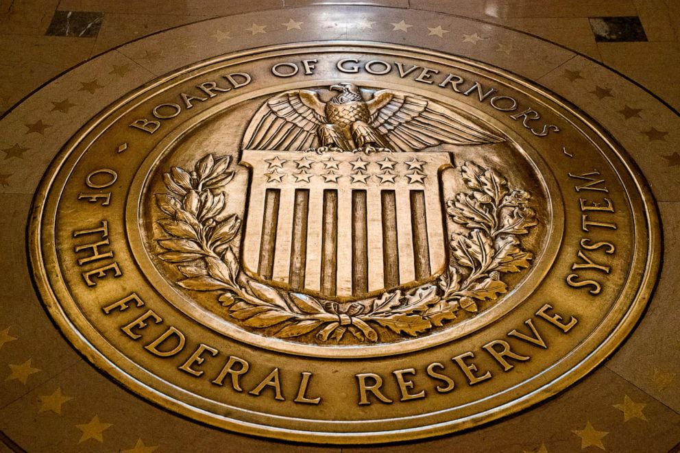 PHOTO: In this Feb. 5, 2018, file photo, the seal of the Board of Governors of the United States Federal Reserve System is displayed in the ground at the Marriner S. Eccles Federal Reserve Board Building in Washington.