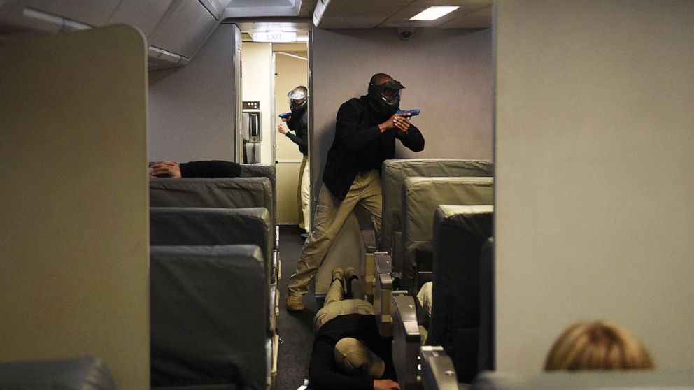 PHOTO: A terrorist attack is simulated during a training exercise inside a remake of a commercial Boeing 767 passenger plane at the Federal Air Marshal Service Training Center in Egg Harbor Township, N.J., March 29, 2017.