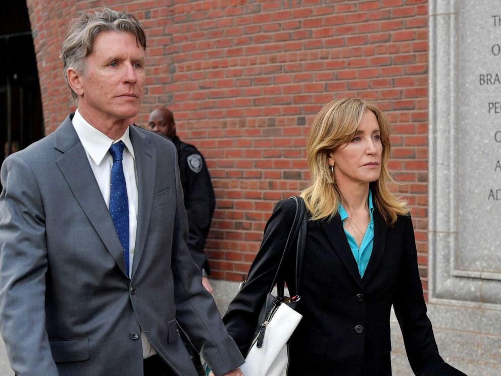 PHOTO:Felicity Huffman exits the John Joseph Moakley U.S. Courthouse after appearing in Federal Court to answer charges stemming from college admissions scandal, April 3, 2019,in Boston.
