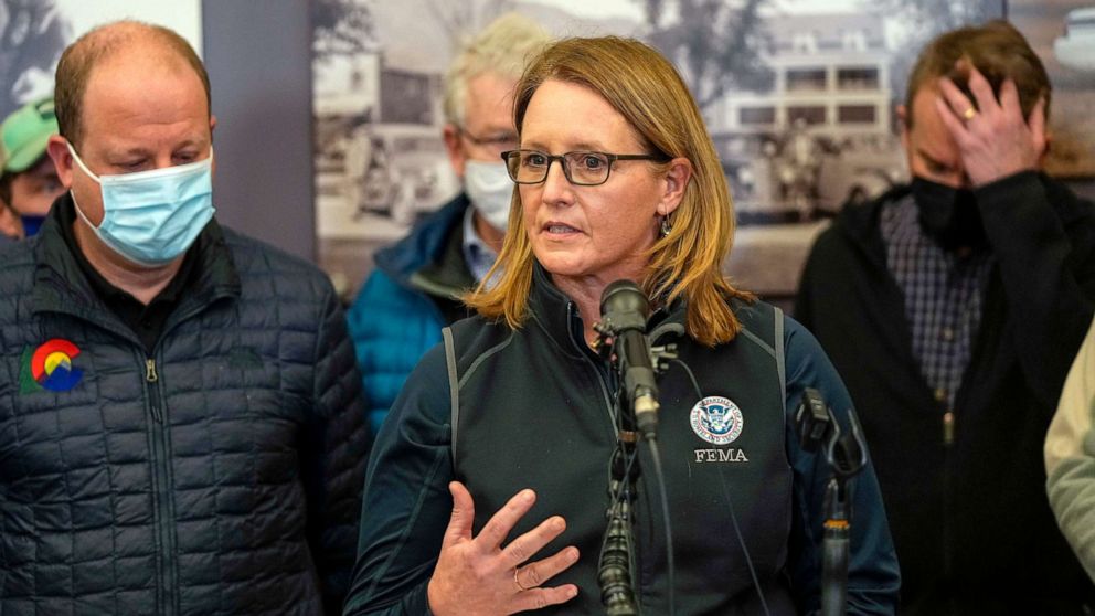 PHOTO: FEMA administrator Deanne Criswell talks during a news conference updating the Colorado wildfire damage after touring the impacted area, Jan. 2, 2022, in Boulder, Colo.
