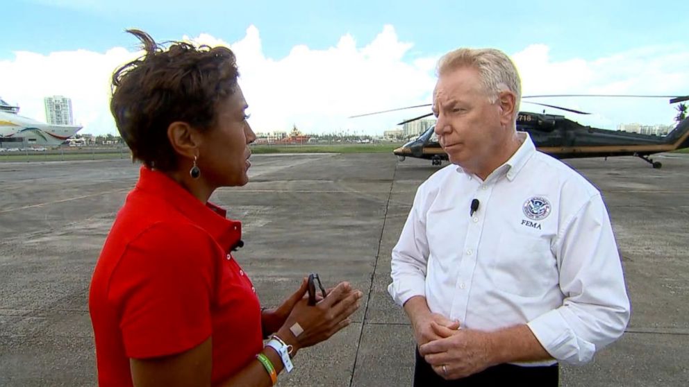 PHOTO: ABC News' Robin Roberts interviews Mike Byrne, federal coordinating officer for FEMA, about recovery efforts in Puerto Rico.