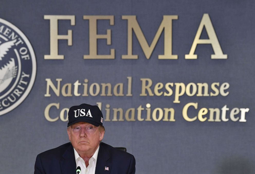 PHOTO: President Donald Trump receives a briefing at the Federal Emergency Management Administration (FEMA) on Hurricane Dorian in Washington, D.C., on Sept. 1, 2019.