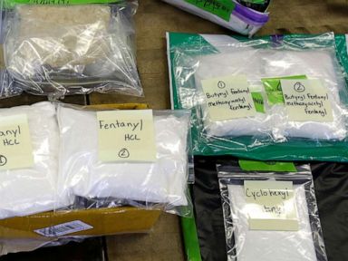PHOTO: Plastic bags of fentanyl are displayed on a table at the U.S. Customs and Border Protection area at the International Mail Facility at OHare International Airport in Chicago, Nov. 29, 2017.