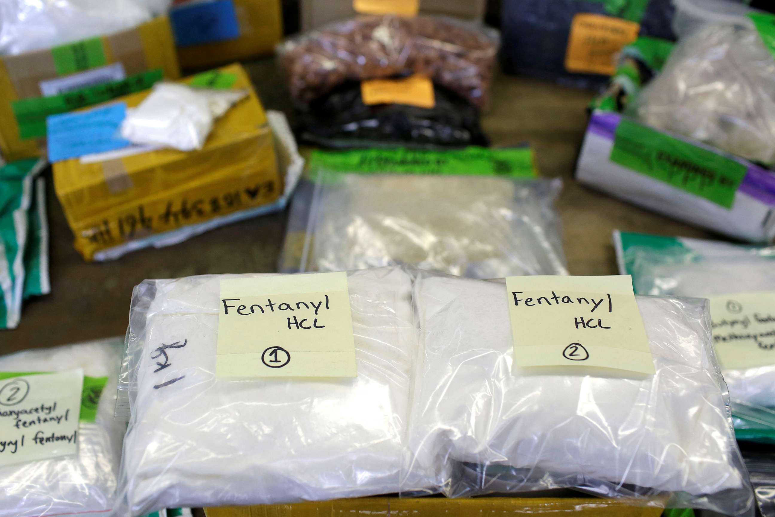 FILE PHOTO: Plastic bags of Fentanyl are displayed on a table at the U.S. Customs and Border Protection area at the International Mail Facility at O'Hare International Airport in Chicago, Illinois, November 29, 2017.