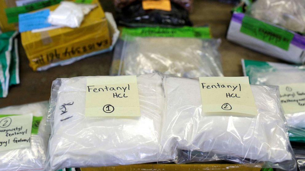 FILE PHOTO: Plastic bags of Fentanyl are displayed on a table at the U.S. Customs and Border Protection area at the International Mail Facility at O'Hare International Airport in Chicago, Illinois, November 29, 2017.