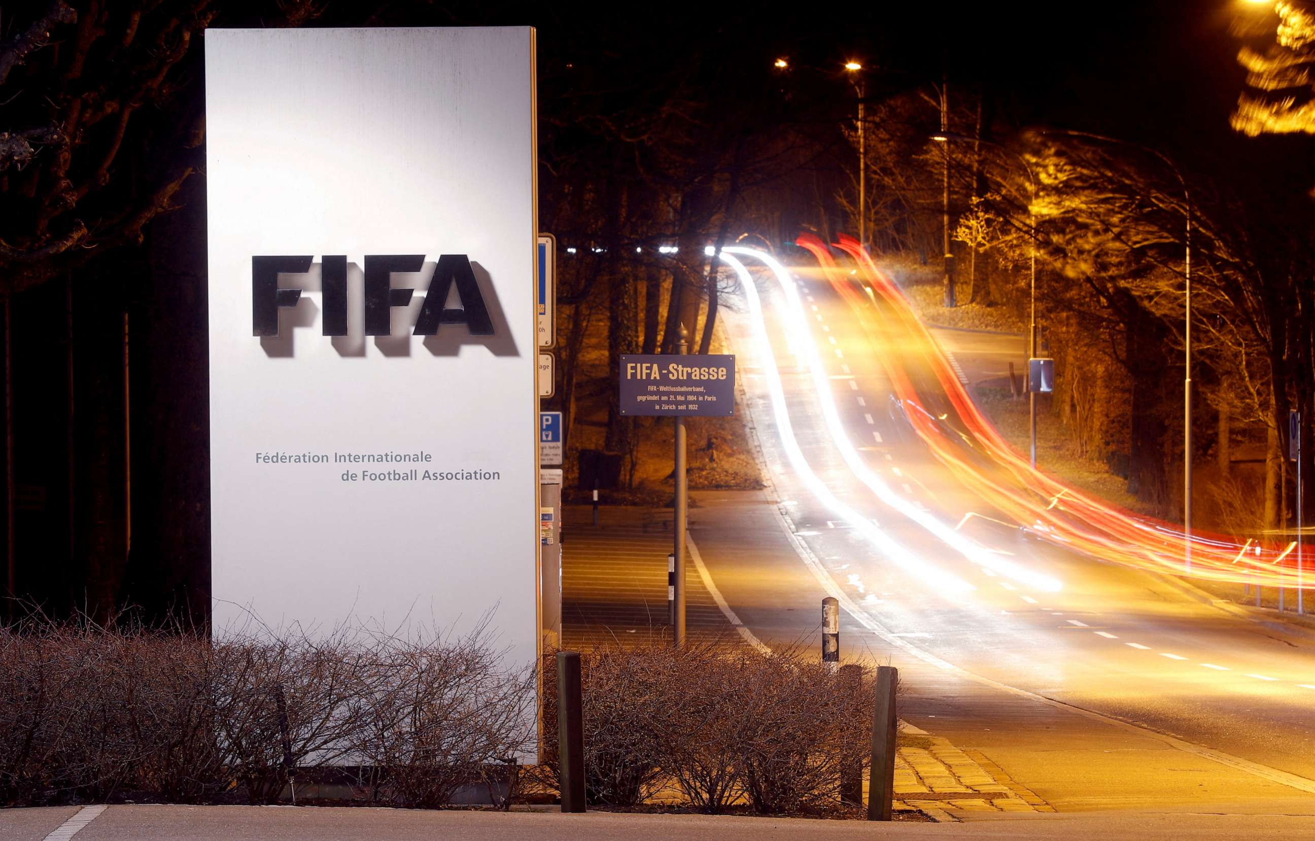 FILE PHOTO: A long exposure shows FIFA's logo near its headquarters in Zurich, Switzerland, Feb. 27, 2022.