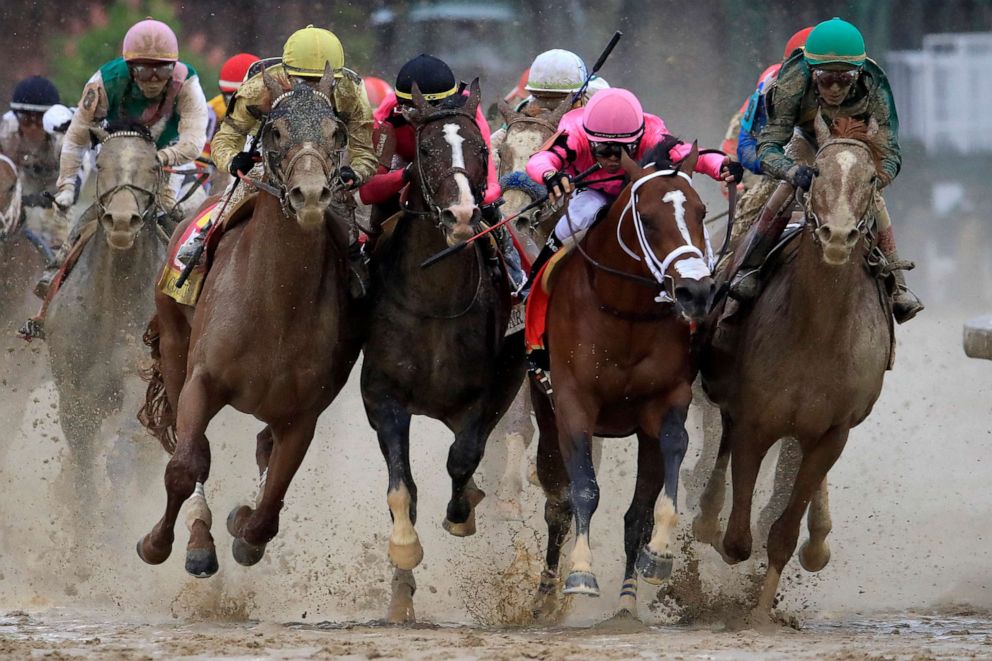 PHOTO:Country House ridden by jockey Flavien Prat, War of Will ridden by jockey Tyler Gaffalione, Maximum Security ridden by jockey Luis Saez and Code of Honor ridden by jockey John Velazquez during the Kentucky Derby, May 4, 2019 in Louisville, Ky.