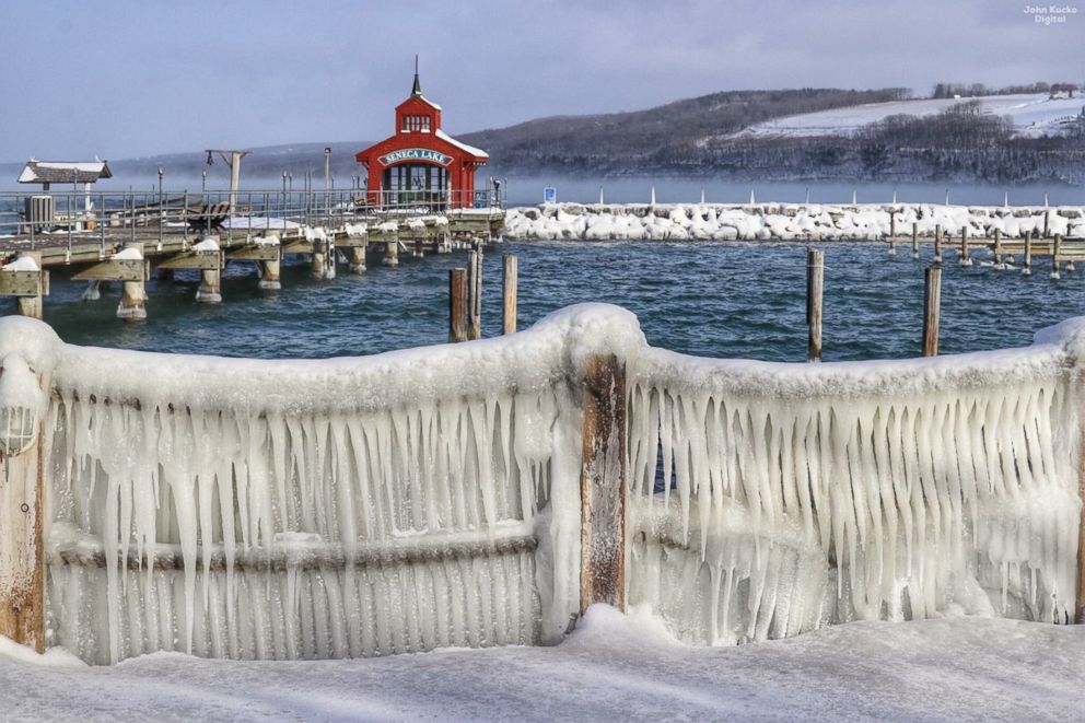 PHOTO: Icy piers at Finger Lakes, N.Y., Jan. 21, 2019.