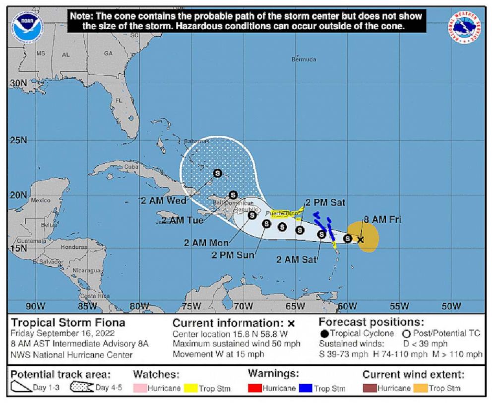 FOTOĞRAF: Tropikal fırtına Fiona'nın olası yolu, 16 Eylül 2022'de NOAA'dan bir grafikte gösterilmektedir. 