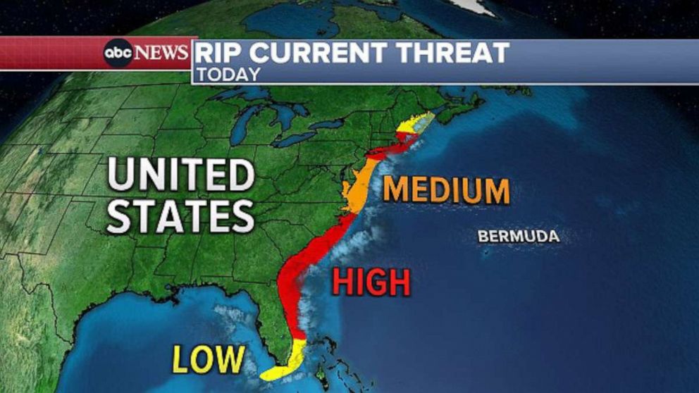 PHOTO:  A map indicates the rip current threat for Hurricane Fiona, on Sept. 22, 2022.