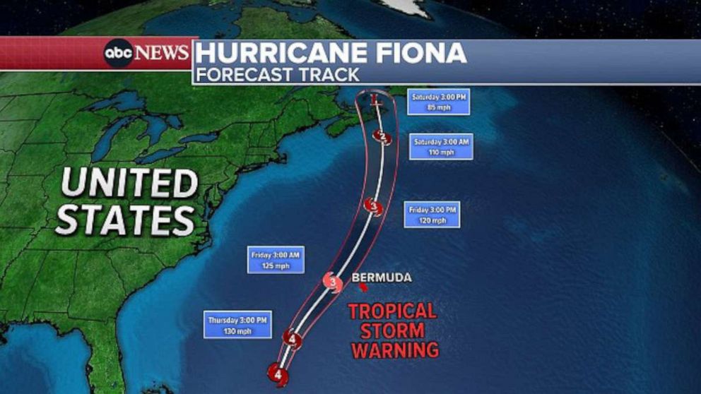 PHOTO:  A map indicates a forecast track for Hurricane Fiona on Sept. 22, 2022.
