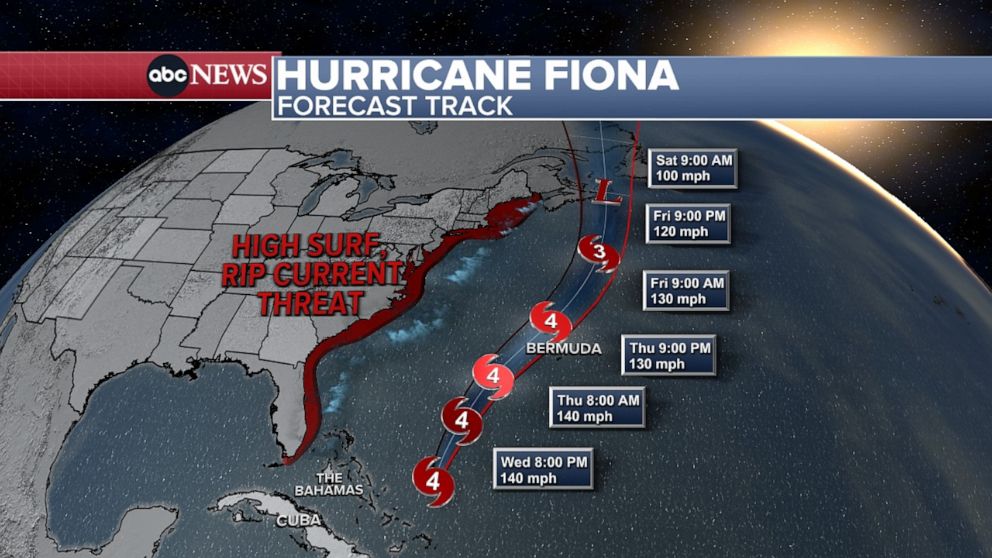 PHOTO: Hurricane Fiona is forecast to pass between the U.S. East Coast and Bermuda.