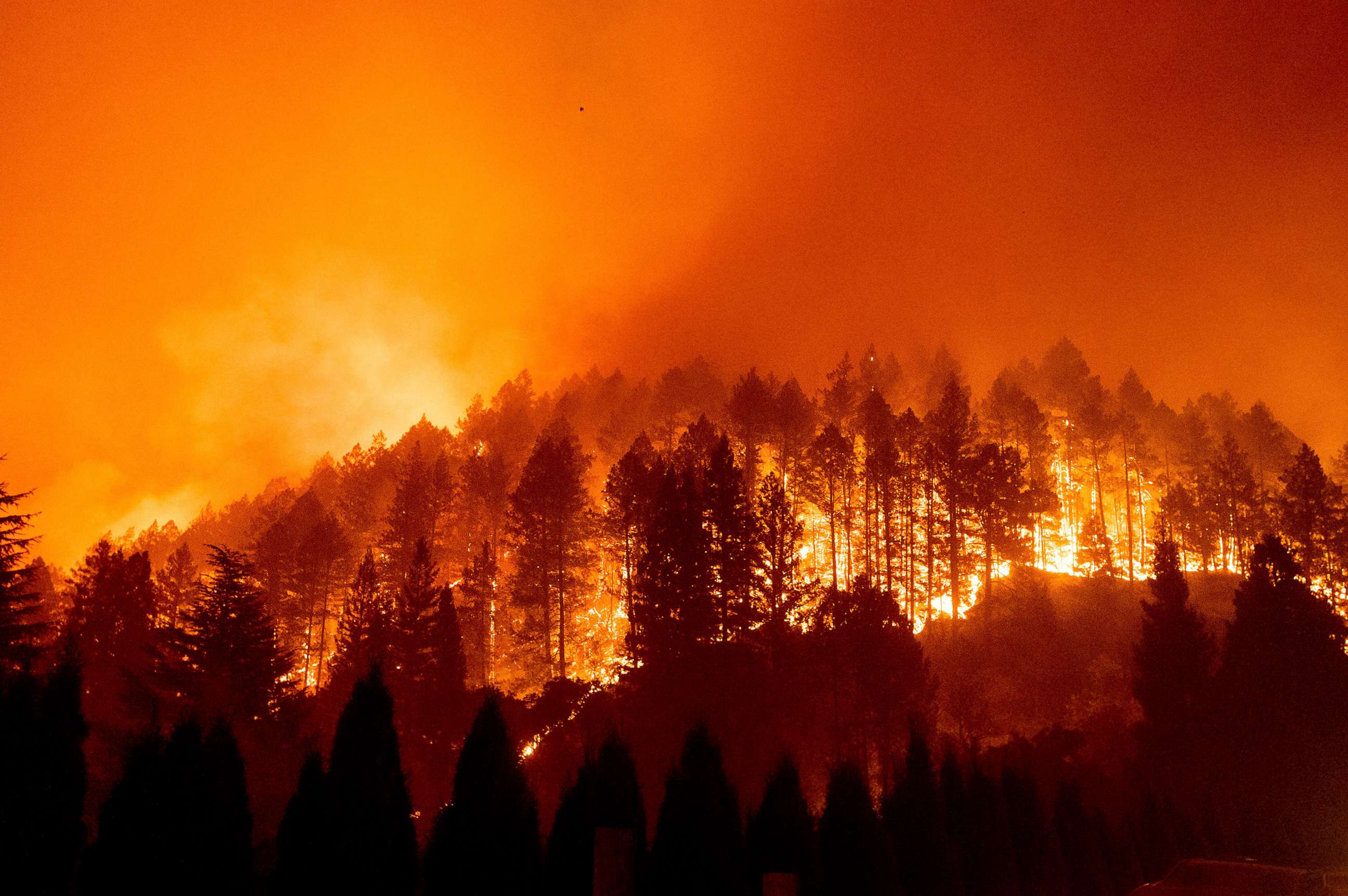 PHOTO: The Glass Fire burns a hillside above Silverado Trail in St. Helena, Calif., Sept. 27, 2020.