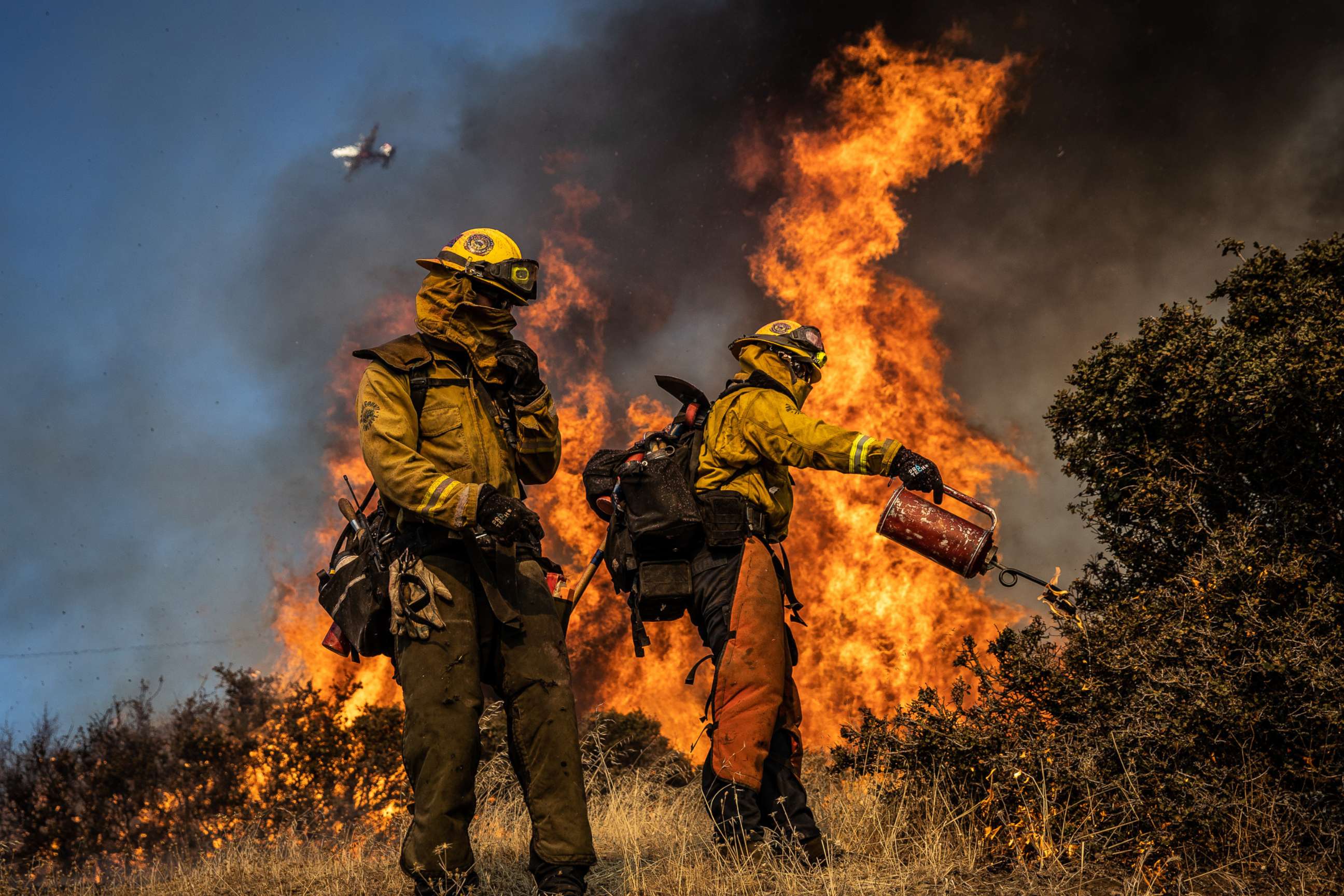 PHOTO: Firefighters with the Marin County Fire Department burn brush ahead of the Kincade Fire in an effort to reduce fuel and increase containment, in the Geysers, a geothermal field in California on Friday, Oct. 25, 2019.