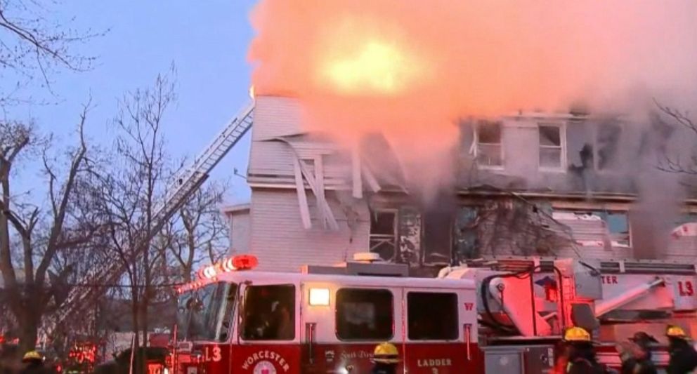 PHOTO: A firefighter has died after becoming trapped while battling a multi-alarm blaze in Worcester, Mass., Dec. 9, 2018. 
