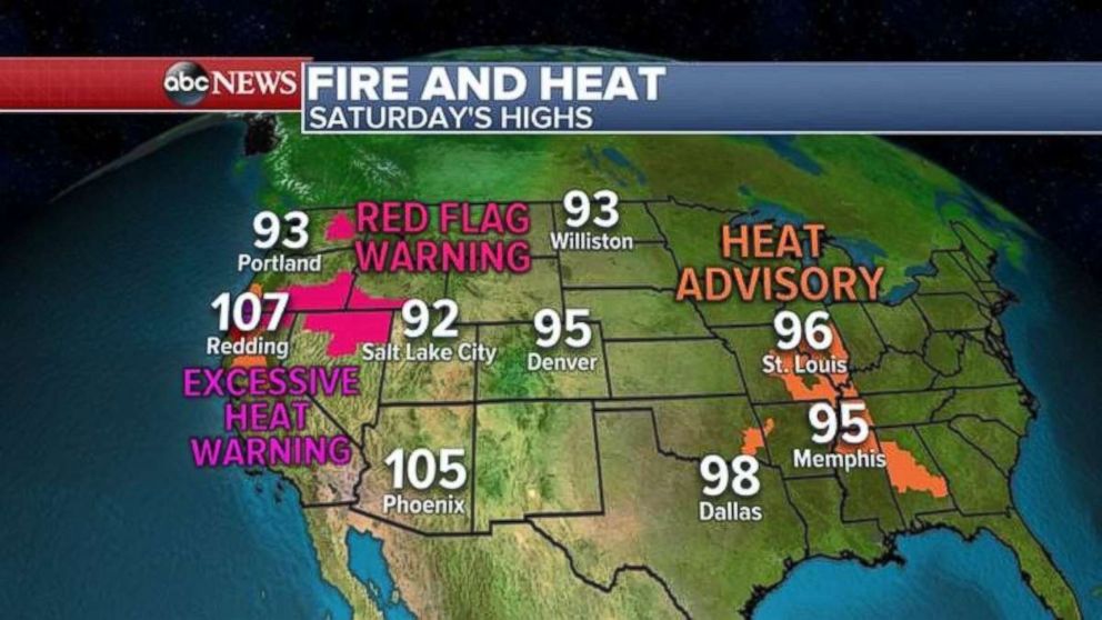 Heat and fire warnings are prevalent in the West.