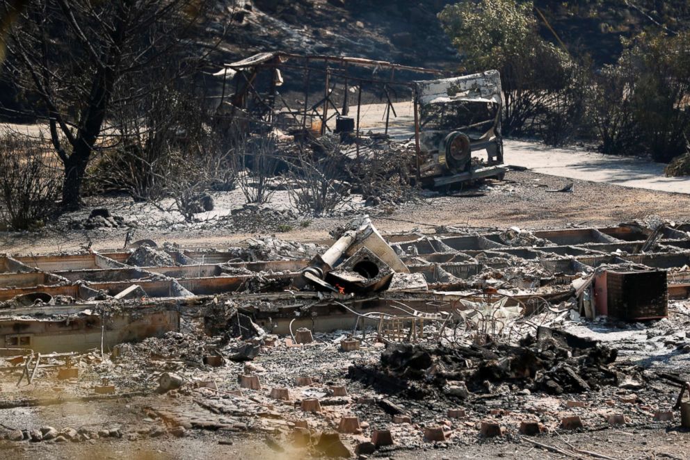 PHOTO: Remains of a burned structure along Spring Valley Road in Lake County, Calif., June 24, 2018.
