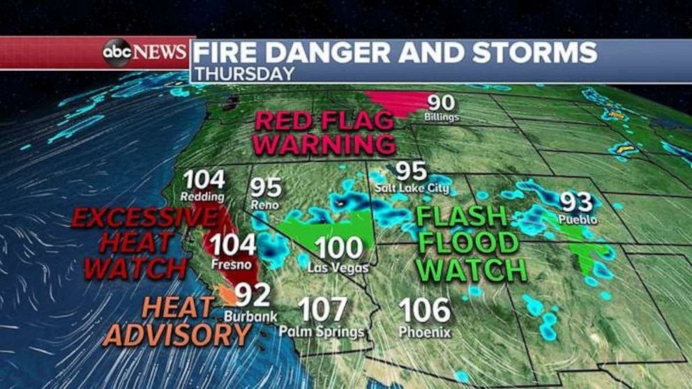 PHOTO: Flash flood watches are in place in southern Nevada, while heat is the concern in California.