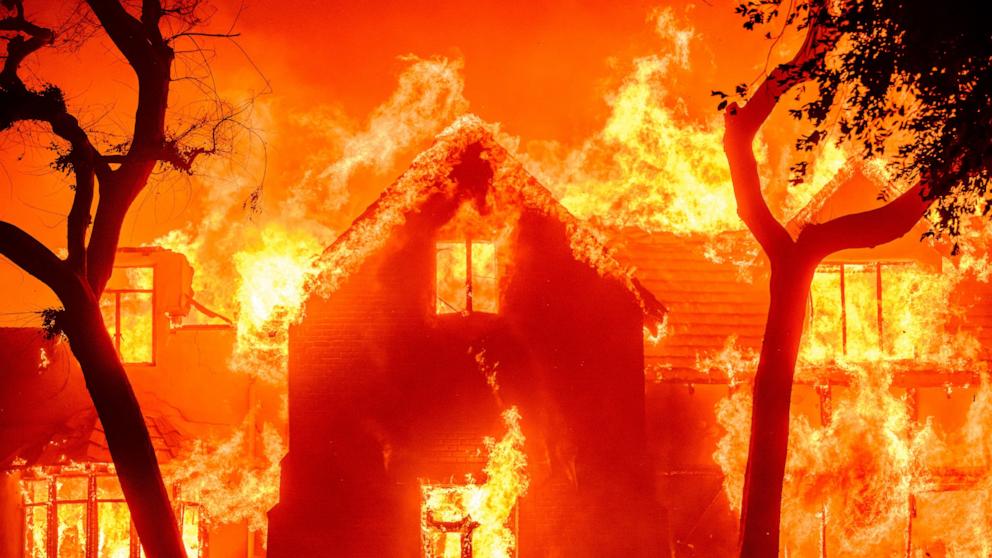 PHOTO: A home is engulfed in flames during the Eaton fire in the Altadena area of Los Angeles County, Calif., on Jan. 8, 2025. 