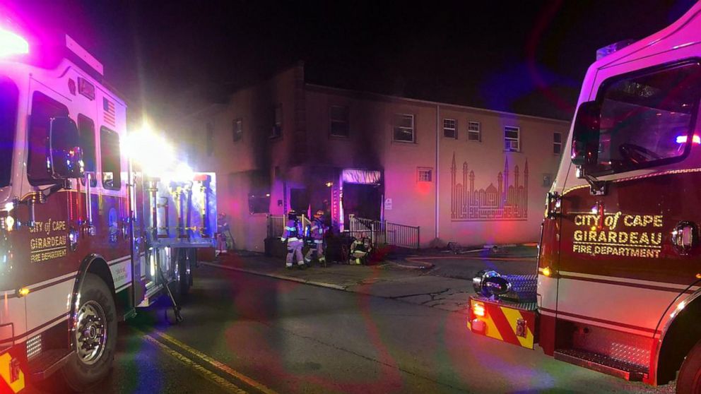 PHOTO: A photo provided by the Cape Girardeau Fire Department shows firefighters responding to an early morning fire at the Islamic Center of Cape Girardeau, Mo., April 24, 2020.