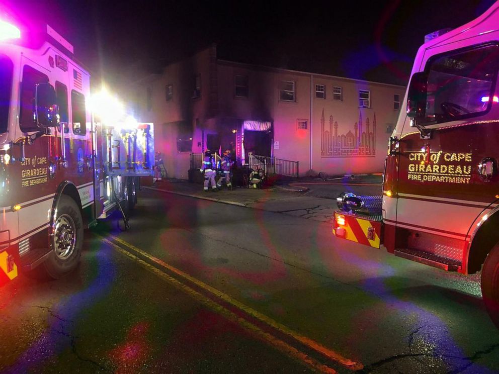PHOTO: A photo provided by the Cape Girardeau Fire Department shows firefighters responding to an early morning fire at the Islamic Center of Cape Girardeau, Mo., April 24, 2020.