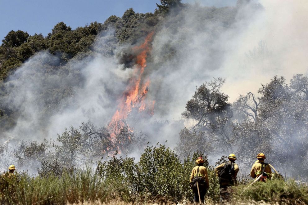 PHOTO: Firefighters battle against a wildfire in Riverside County of Southern Calif. Aug. 2, 2020.
