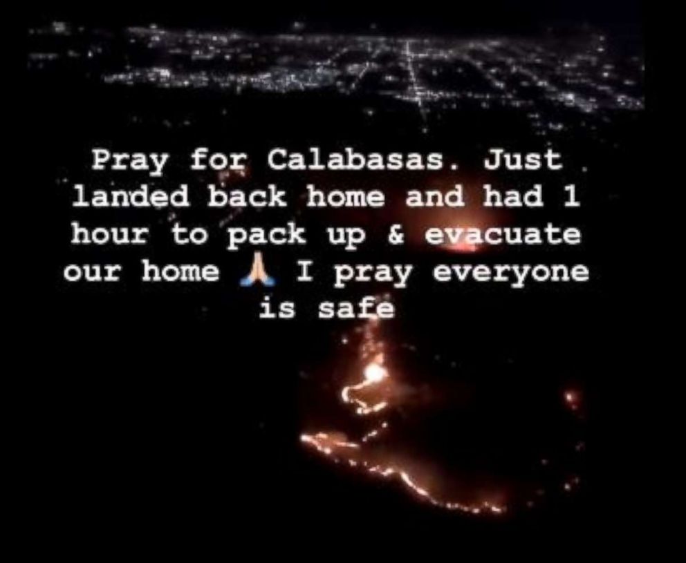 Kim Kardashian posted images to her Instagram story as she and her family fled a massive fire in California.
