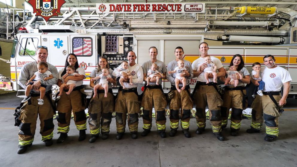 A Florida firehouse welcomed 9 babies in 10 months into their family, in Davie, Fla.