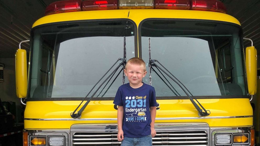 PHOTO: Cooper Brooks, 5, was escorted to his first day of school on a fire truck from the Sullivan County Volunteer Fire Department where his father was a fireman.
