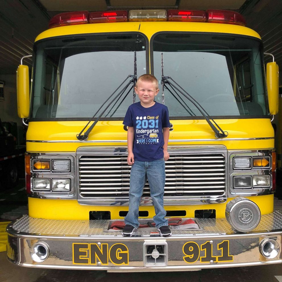VIDEO: Boy rides to 1st day of kindergarten on a fire truck, just like his dad wanted