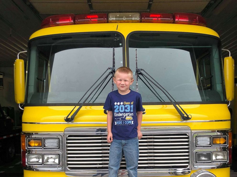 PHOTO: Cooper Brooks, 5, was escorted to his first day of school on a fire truck from the Sullivan County Volunteer Fire Department where his father was a fireman.