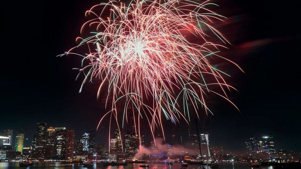 PHOTO: Fireworks explode over the harbor during Boston Harborfest's Fourth of July weekend celebrations, Saturday, July 1, 2023, in Boston.