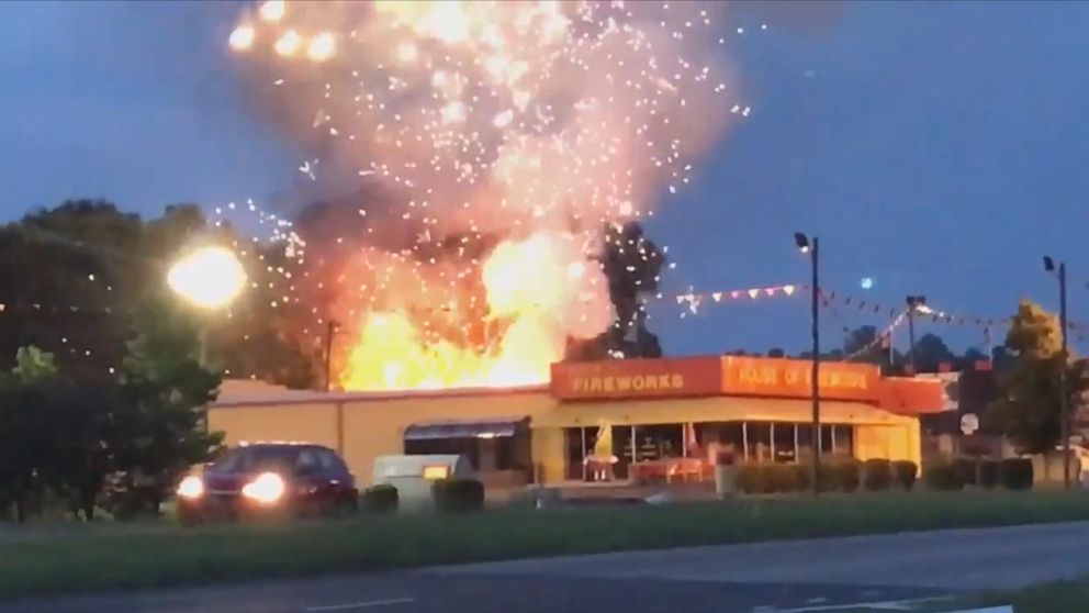 PHOTO: Fireworks explode out of a burning House of Fireworks store in the early morning hours of July 4, 2019, in Fort Mill, S.C.