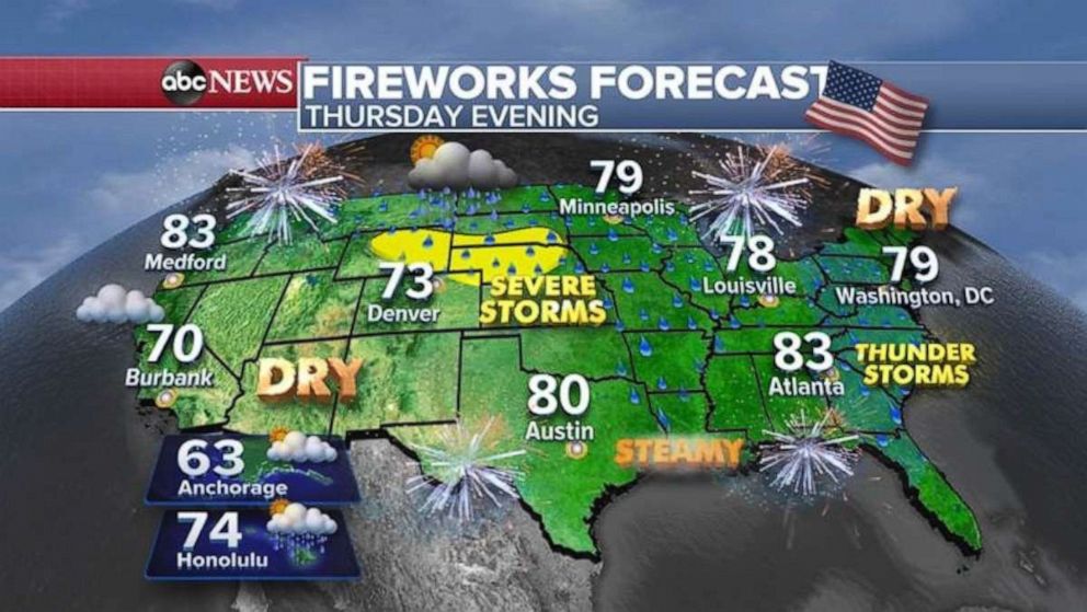 PHOTO: The fireworks forecast is good, but hot, across much of the Northeast. It could be stormy in the Plains, though.