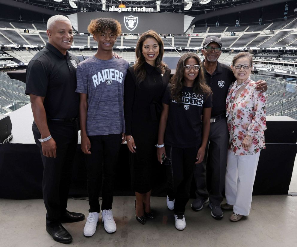 PHOTO: Former Nevada Gaming Control Board Chair and former Commissioner of the Nevada Gaming Commission Sandra Douglass Morgan poses with members of her family as she is introduced as the new President of the Raiders in Las Vegas, July 7, 2022.