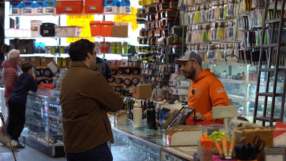PHOTO: Bernie's Bait & Tackle owner, Mike Giordano, speaking with ABC News.