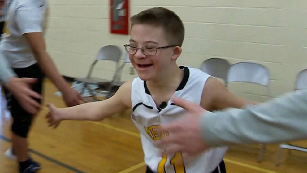 PHOTO: Liam "the Fist Bump Kid" Fitzgerald, 13, started the basketball game at Melican Middle School in Northborough, Mass., Feb. 4, 2020. He became famous after a video showed him fist-bumping the Boston Bruins.