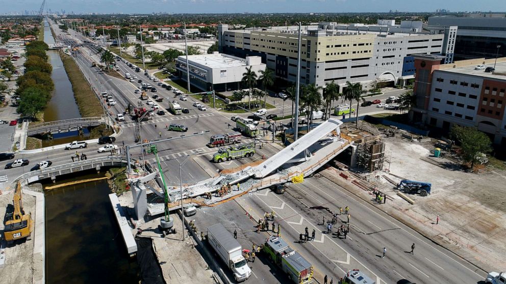 PHOTO: This photo provided by DroneBase shows the collapsed pedestrian bridge at Florida International University in the Miami, March 15, 2018.