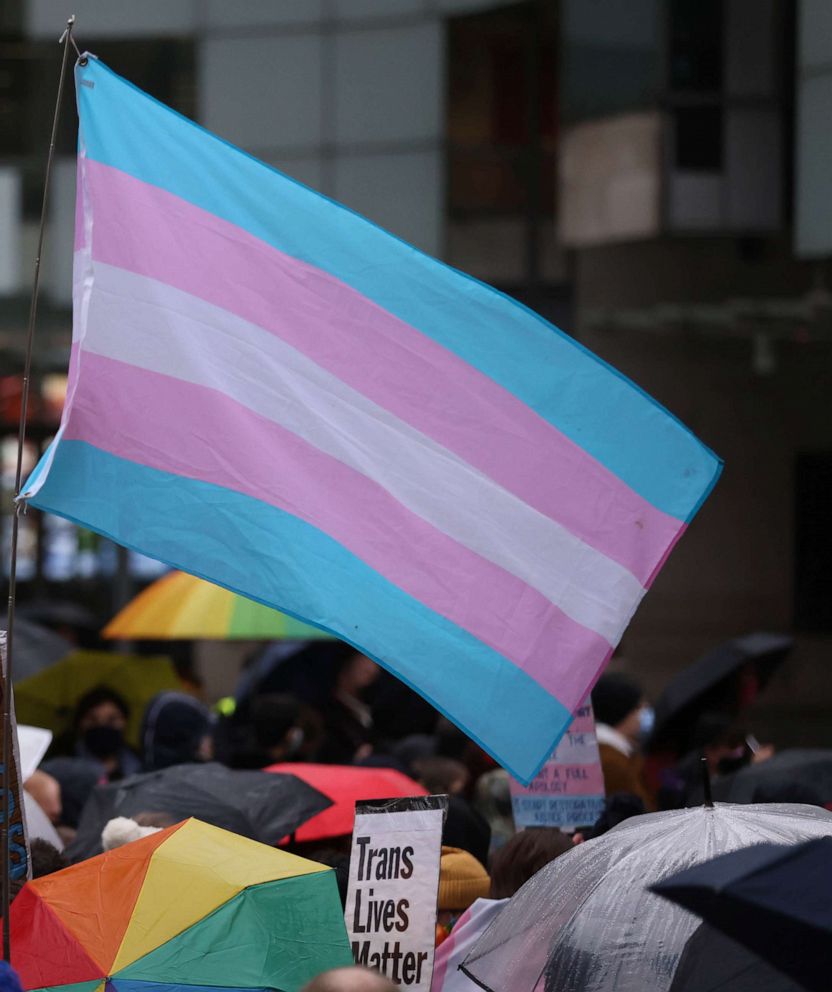 PHOTO: Demonstrators hold placards and wave a transgender pride flag on Janu. 8, 2022 in London.