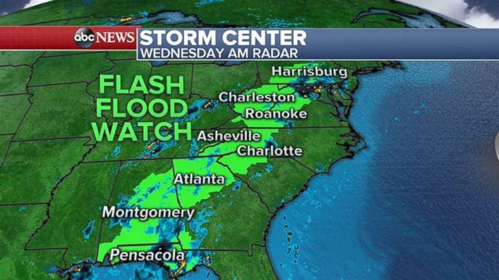 A flash flood watch is in place for inland Alabama, Georgia, South Carolina, North Carolina, Virginia, West Virginia and Pennsylvania.