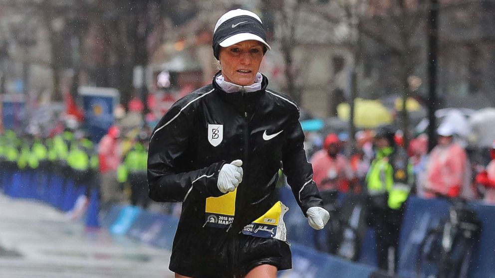 PHOTO: Shalane Flanagan crosses the finish line at the 2018 Boston Marathon, April 16, 2018. 