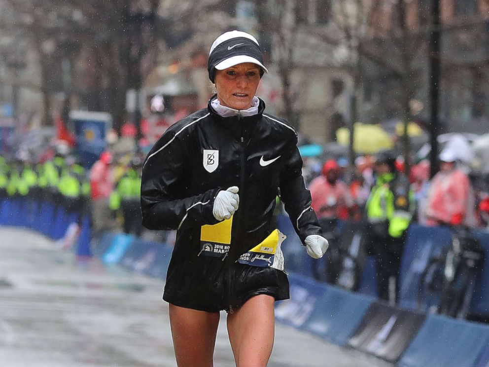 PHOTO: Shalane Flanagan crosses the finish line at the 2018 Boston Marathon, April 16, 2018. 