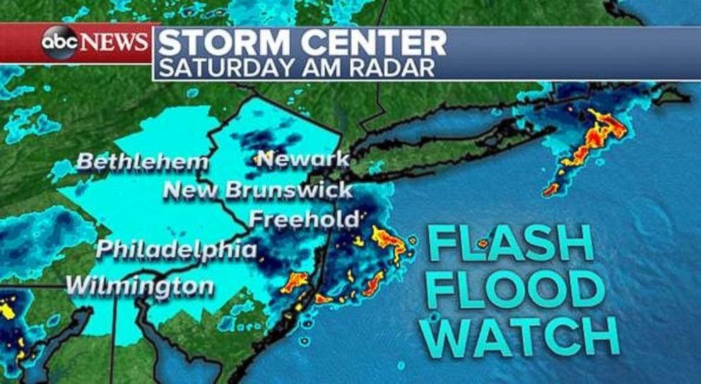 A flash flood watch is in place in eastern Pennsylvania and New Jersey.