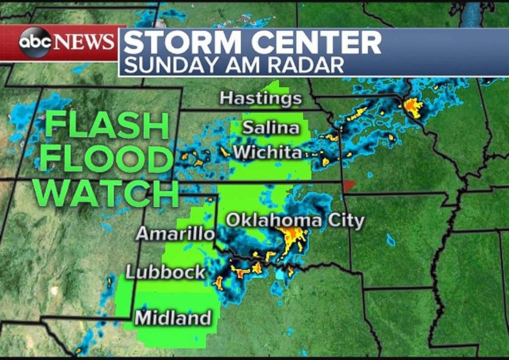 PHOTO: Flash flood watches are in place on Sunday morning from northern Texas through Oklahoma, Kansas and southern Nebraska.