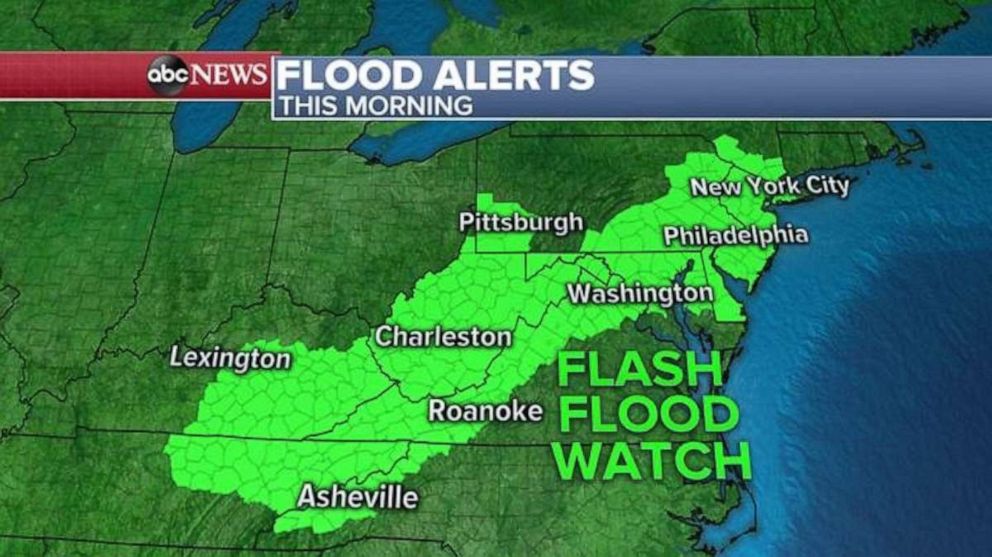 PHOTO: Flash flood watches are in place from eastern Tennessee and Kentucky up to the New York City area.