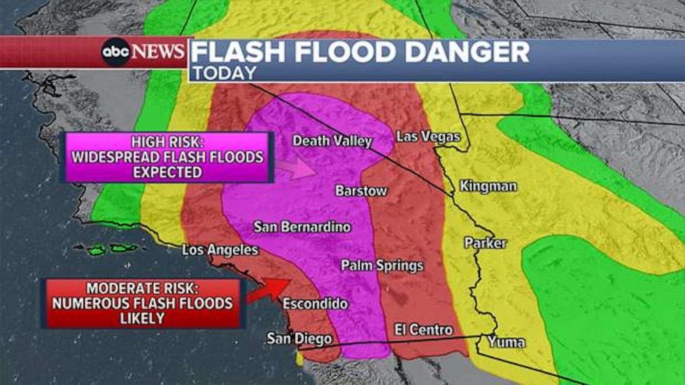 PHOTO: A rare High Risk(highest risk level, 4 out of 4) for excessive rainfall was issued by NOAA's Weather Prediction Center for today and currently remains in effect across a large swath of southern CA, from Palm Springs up towards San Bernardino